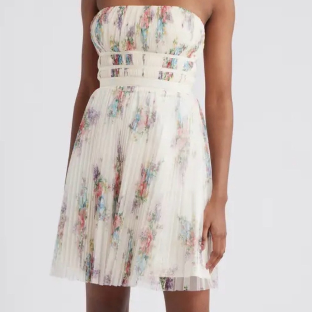 Lulus Calais Pleated Strapless Cocktail Minidress Ivory Floral $128 Nwt Small S